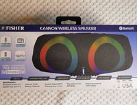 Fisher Kannon wireless speaker box showing branding, features, and technical specifications