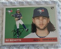 Front view of the autographed Bo Bichette rookie card showing player images and autograph