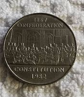 Reverse side of Canadian dollar coin showing 1867 Confederation and Constitution 1982 historic scene.