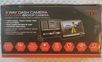 Front and side view of the box showing product features and branding Nitro 4x4 3-Way Dash Camera with backup camera, 1080p recording, 3 inch LCD, and 120 degree viewing angle.