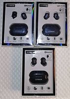 Three sealed Fisher Rival Sound Bluetooth true wireless ear pods in original packaging showing front with pods and case visible.