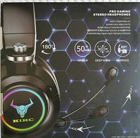 Close-up photo of the headphone earcup showing RGB lighting with bull logo and product features such as 50mm drivers, 180-degree microphone rotation, deep bass, soft earpads, and wide compatibility.