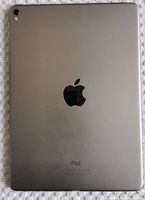 Back view of space gray Apple iPad showing Apple logo, iPad branding, camera, and flash.