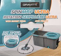 Close up of Gravitti Spin Mop Ultra box front showing product image, brand, and key features including easy stacking.