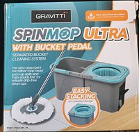 Photo of front of box showing product branding, key features, and image of mop and bucket.