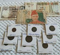 Coins and paper currency displayed on a cloth surface. Coins are individually placed in paper holders with handwritten years and countries, paper notes are behind the coins.