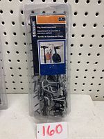 Front view of 47-piece Stinson peg hook assortment in clear case attached to a pegboard.