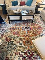 Rug under coffee table with sofa and chairs in living room