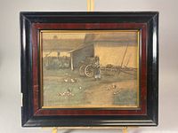 Full view of framed pastel painting showing rustic country scene and worn frame.