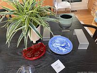 Lot contents on black table including artificial spider plant in white ceramic pot, red glass bird feeder, blue and white collector plate with cabin scene, ceramic pot, and plastic display stands.