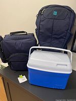 Photo of three items: two dark blue backpacks (MEC and Lee Valley picnic backpack) and a blue and white portable cooler on a black surface.