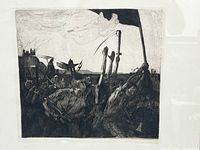 Close-up of central etching scene showing raised arms and tools