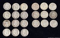 Top view showing 21 Roosevelt dimes arranged in four rows, all obverse side visible with Roosevelt profile and dates.