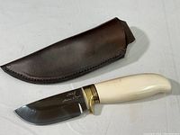 Photo of the full knife with ivory-colored handle and leather sheath lying beside it on a white surface.