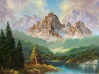 Close-up of the Alpine mountain scene in the oil painting showing snow-capped peaks, forest, and lake detail.