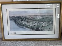 Full view of framed University of Maine intaglio print depicting the campus.