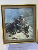 Framed oil painting showing two people in a snowy landscape, full view.