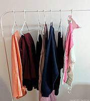 Seven women's clothing items hung on hanger rack, various colors from pink, peach to dark colors, showing overall condition and styles.