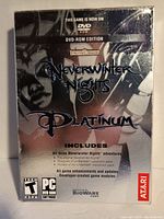 Front cover of Neverwinter Nights Platinum Edition box showing game title, rating and publisher Atari.