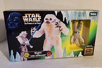 Front side of the box showing Wampa and Luke Skywalker figures in packaging with illustrations and branding visible