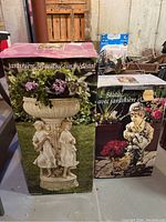 Boxes showing images of large decorative planter statue with children figures and young boy statue with watering can and flower pot.