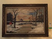 Full view of oil painting depicting a winter scene with snow and river, signed in lower right corner