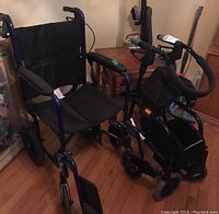 Folding wheelchair and walker side by side showing overall appearance and positioning in room