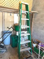 Full view of the green Davidson fiberglass and aluminum step ladder standing in a garage, showing its height and design with aluminum steps.