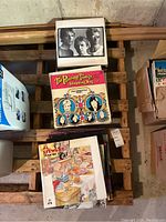 Three stacks of vinyl records on a wooden pallet in basement area. Visible album covers include The Partridge Family and another band photo.