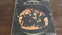 Front cover of Wings Band On The Run vinyl album showing group photo and album title.