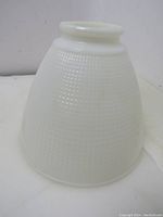 Milk white waffle textured glass lampshade conical shape showing surface detail and fitter part