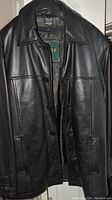 Front view of men's Danier black leather jacket showing button closure and two side pockets.