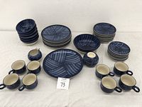 Photo showing full set of blue stoneware dishes including plates, bowls, cups, creamer and sugar bowl arranged on table.
