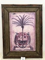 Full view of the framed artwork showing bamboo texture frame and palm tree picture