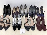 Top down photo showing all nine pairs of assorted women's shoes in various styles, colors, and brands such as Ralph Lauren and Steve Madden, ranging from loafers to sandals and heels.