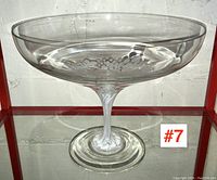 Full side view showing the clear glass compote bowl with pedestal and subtle white swirl in stem.