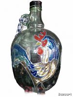 Front view of clear glass jug showing detailed hand-painted colorful chicken design with neck and cap visible.