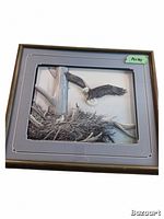 Framed 3D print of a bald eagle flying near a nest on a tree branch, showing naturalistic colors and detail in feathers and twigs.