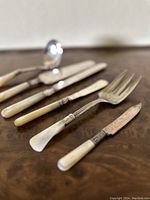 Close-up photo showing fork, small knife, two larger knives, and ladle with mother of pearl handles and silver metal parts