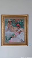 Frontal image of original oil painting by Pronin featuring two females in a garden, one nude, in gold frame.