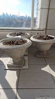 Three planters arranged on balcony with city skyline in background