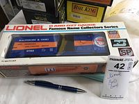 Lionel Famous Name Collectors Series Baltimore & Ohio box car in original Lionel packaging. O gauge model in box. Pen included for scale reference.