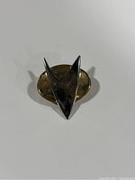 Front view of the arrowhead shape Star Trek pin showing polished silver and gold finish.
