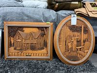 Two framed 3D wooden composite art pieces by Kim Murray featuring rustic scenes.