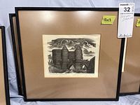 Photo of the framed etching showing overall condition, frame, mat, and glass with visible scuff marks on frame.
