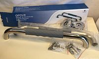 Two 16-inch stainless steel grab bars with grey anti-slip grip, mounting accessories and packaging box from OPOVE.