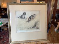 Full view of the framed print featuring two spaniel dogs and pheasants in natural setting.