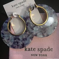 Blue resin hoop earrings with gold tone hoops on a Kate Spade New York card and pink pouch.