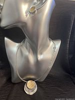 Full view of necklace and earrings set on mannequin with dark background, showing design and color.