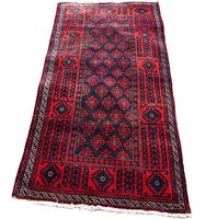 Front view of Baluch rug showing geometric pattern in black, red and yellow colors.
